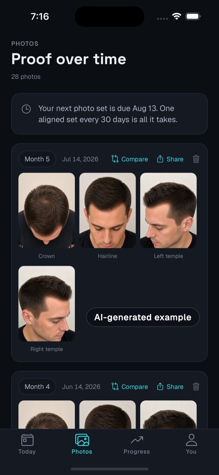 AI-generated example: Aligned progress photos in a timeline, month by month